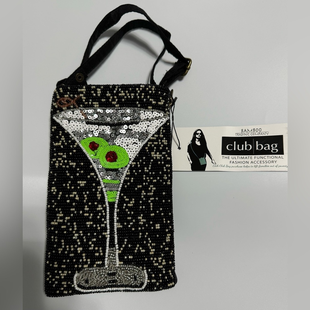 New BAMBOO TRADING Martini Cocktail Beaded Cell Phone Club Bag Crossbody Purse